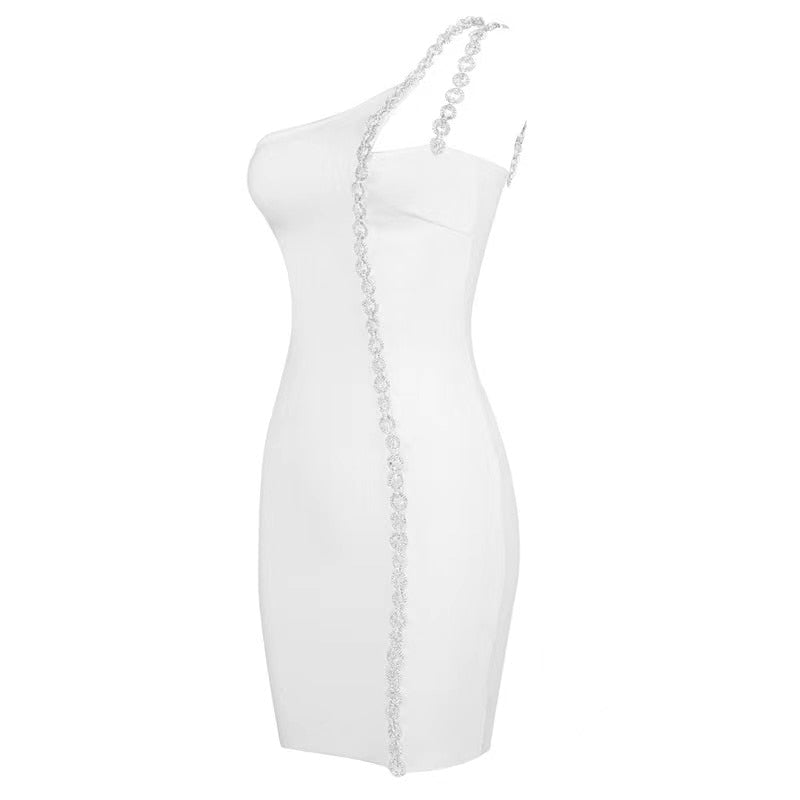 One Shoulder Chain Strap Trim Bandage Bodycon Mini Dress 34