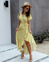 Pink Polka Dot V-Neck Ruffle Short-Sleeved Beach Vacation Summer Dress