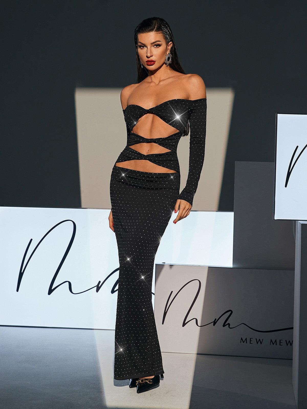 Off Shoulder Long Sleeve Rhinestone Twist Cut Out Bodycon Maxi Dress