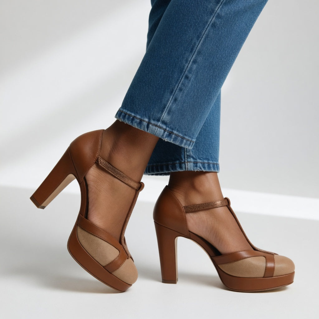 Round Toe T-Strap Platform Block Heel Pumps