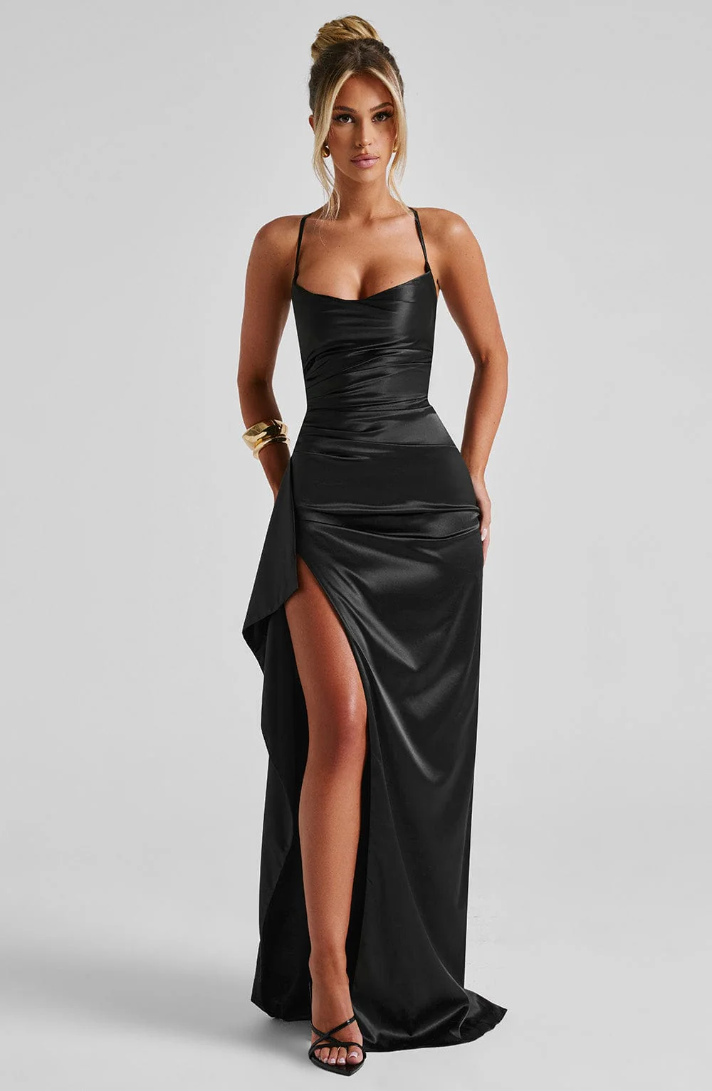 Satin Cowl Neck Ruched High Split Maxi Dress Prom