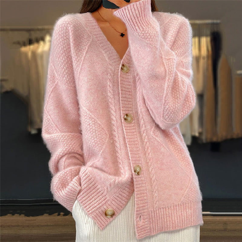 V-Neck Button Front Cable Knit Cardigan