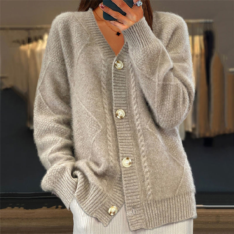 V-Neck Button Front Cable Knit Cardigan