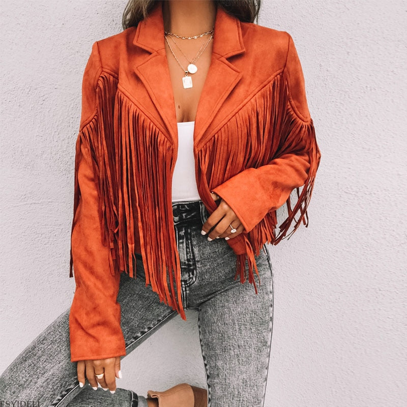 Fringe Lapel Cropped Suede Jacket
