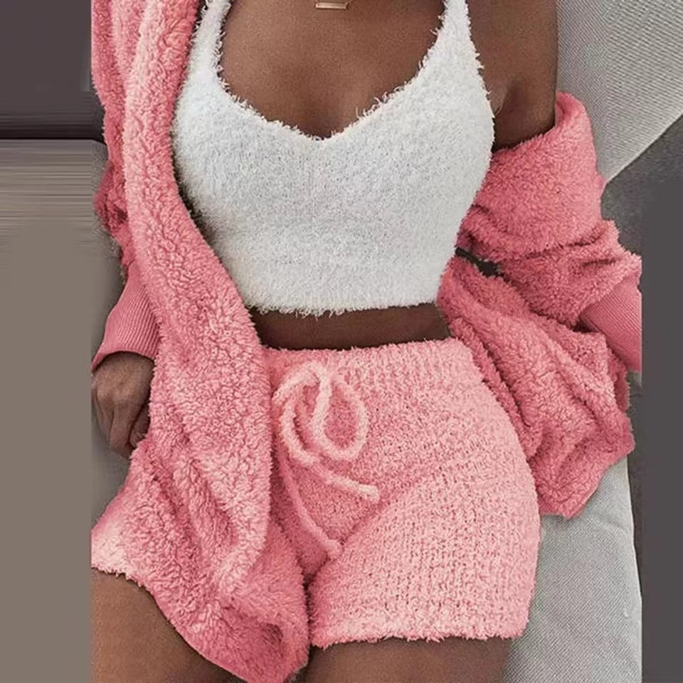 Fluffy Knit V-Neck Crop Cami Drawstring Shorts and Cardigan Three Piece Lounge Set 7