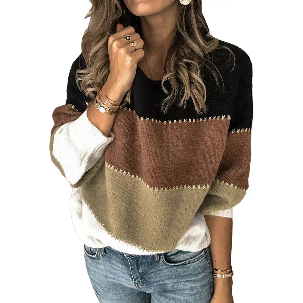 Crew Neck Colorblock Striped Drop Shoulder Knit Sweater