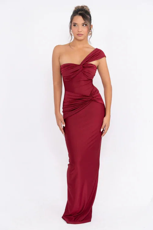 Sexy One-Shoulder Wrapped Chest Slim Pleated Dress