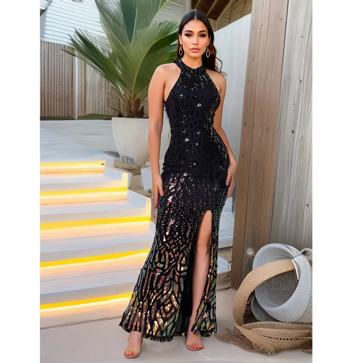 Sequin Halter Neck Sleeveless High Split Bodycon Maxi Dress 7