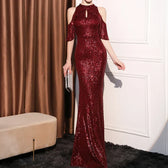 High Neck Mermaid Sequin Party Dress Burgundy / S Partydress-241208