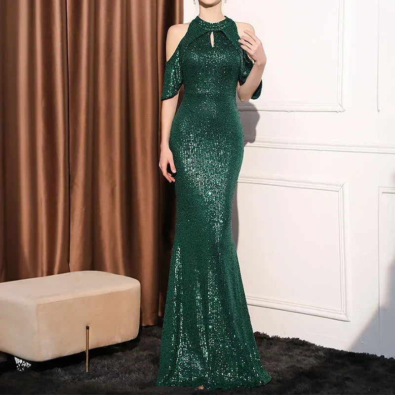 Sequin High Neck Cold Shoulder Keyhole Mermaid Maxi Gown 5