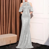 High Neck Mermaid Sequin Party Dress Silver / S Partydress-241208
