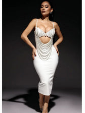 Pearl Beaded Spaghetti Strap Midi Party Dress
