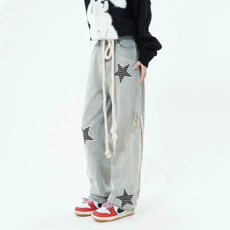 High-Waist Embroidered Wide-Leg Denim Jeans