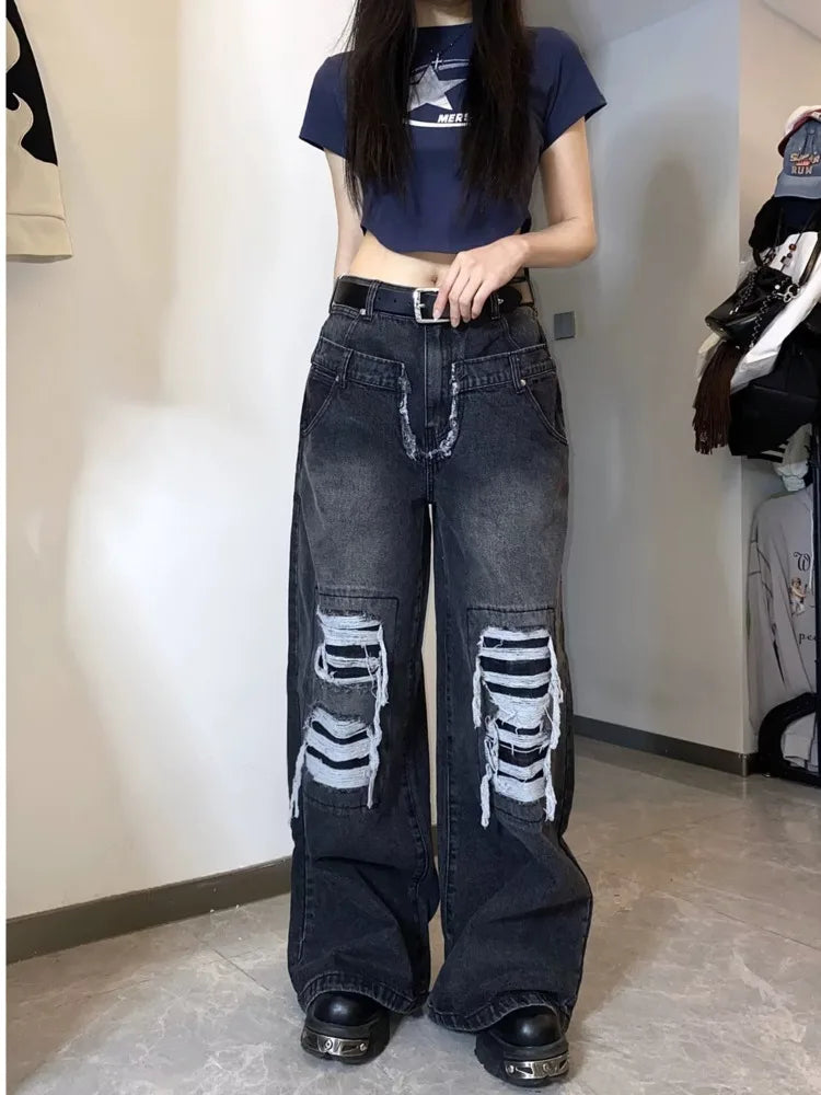 Ripped Knee Striped Patch Frayed Washed Baggy Wide Leg Jeans
