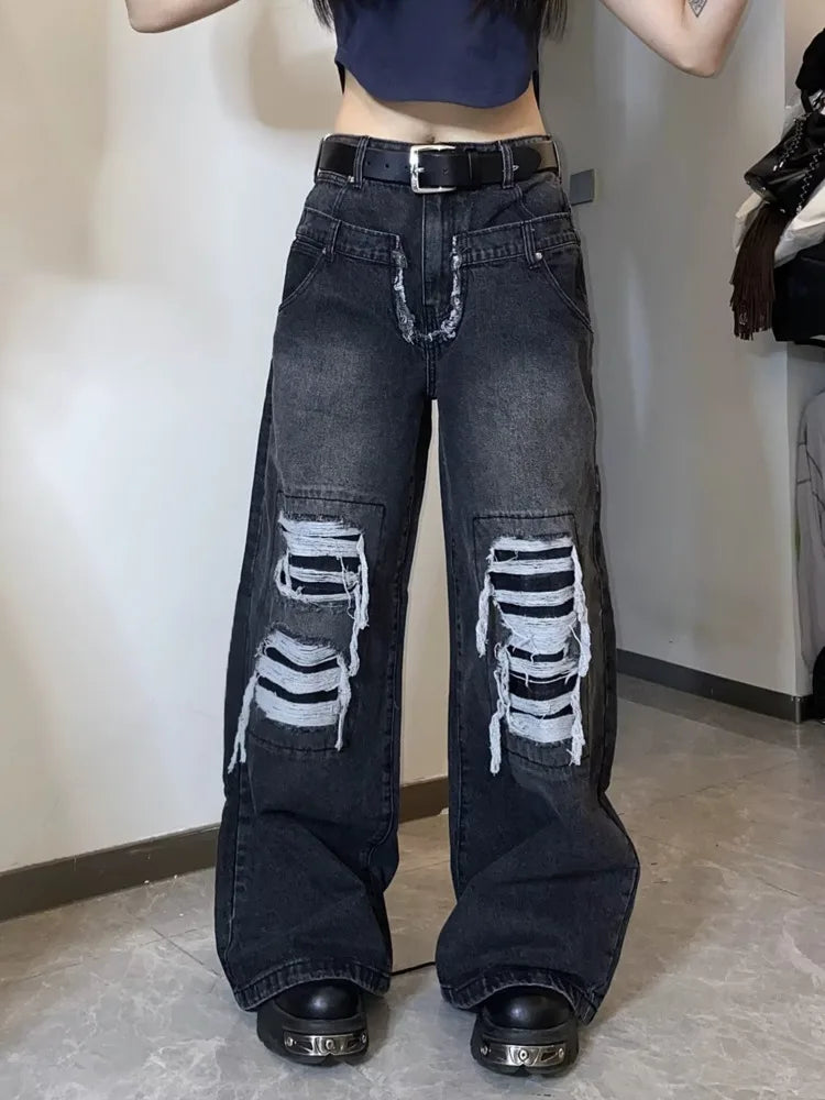 High Street Niche Design Washed Straight Tube Loose Fitting Retro Trendy Women's Jean