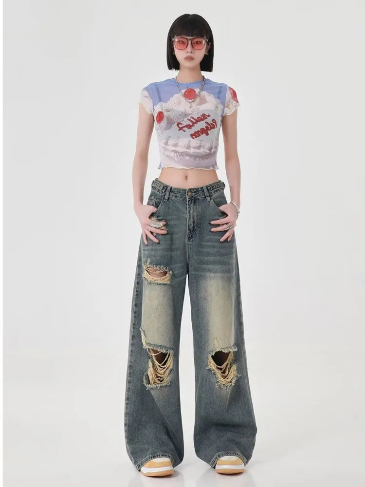 Distressed Wide-Leg Denim Jeans