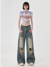 Distressed Wide-Leg Denim Jeans