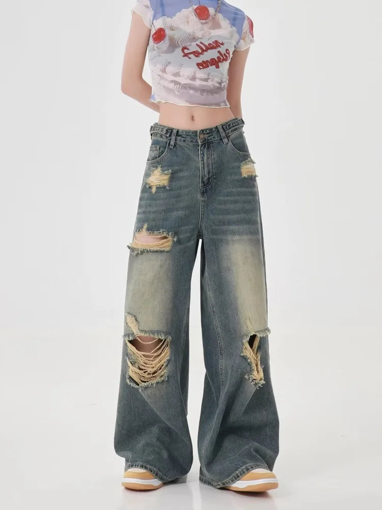 High Waist Ripped Distressed Washed Baggy Wide Leg Jeans