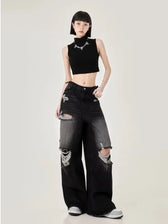 Distressed Wide-Leg Denim Jeans