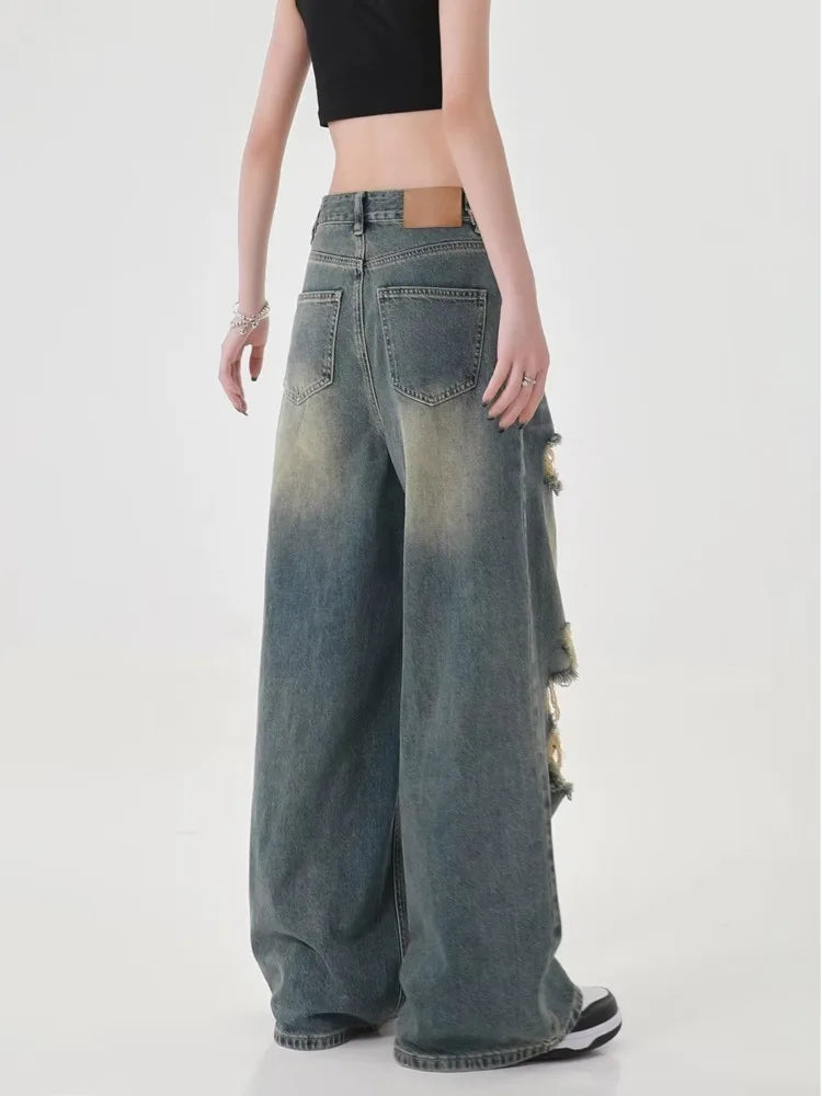 Distressed Wide-Leg Denim Jeans