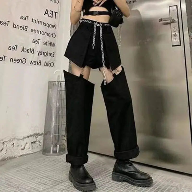 High Waist Detachable Leg Buckle Strap Cut Out Denim-Look Jeans 2