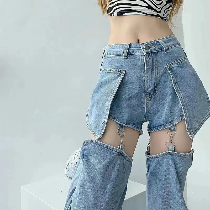 High Waist Detachable Leg Buckle Strap Cut Out Denim-Look Jeans
