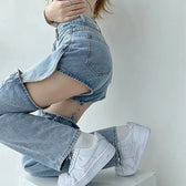 Washed Zipper Fake Ripped Denim Pants