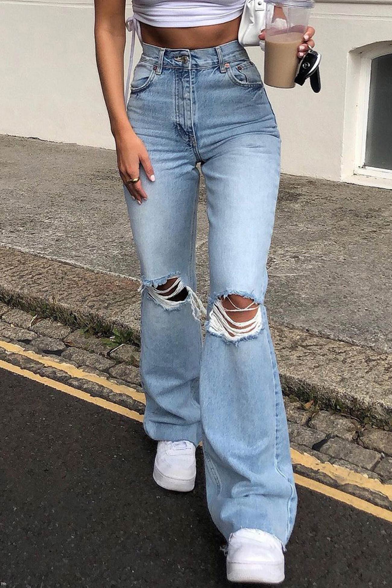 High-Waist Distressed Flared Denim Jeans