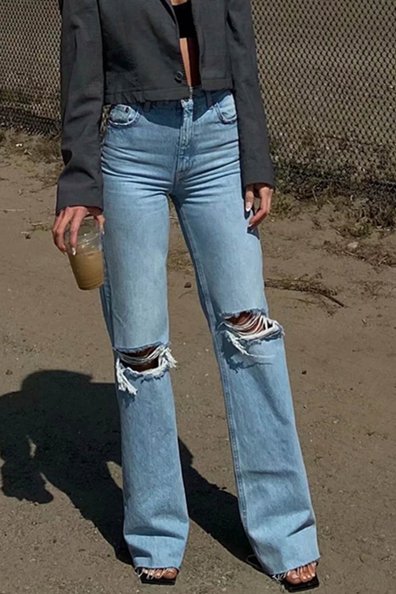High-Waist Distressed Flared Denim Jeans