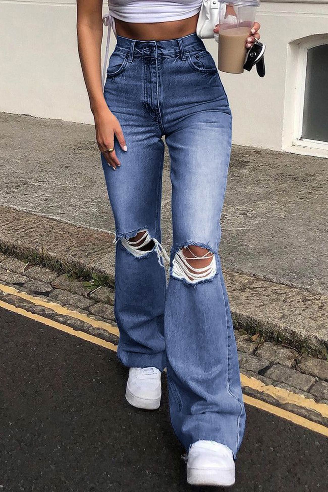 High-Waist Distressed Flared Denim Jeans