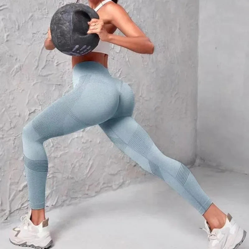 High Waist Seamless Striped Mesh Panel Scrunch Butt Running Leggings 2