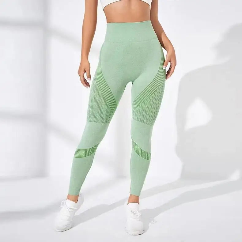High Waist Seamless Striped Mesh Panel Scrunch Butt Running Leggings 9