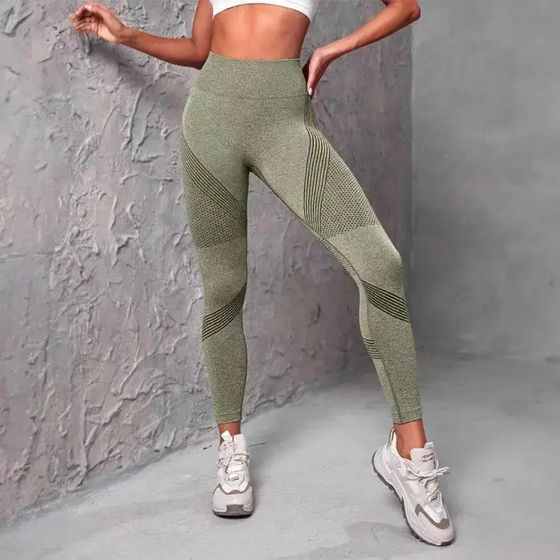 High Waist Seamless Striped Mesh Panel Scrunch Butt Running Leggings 11