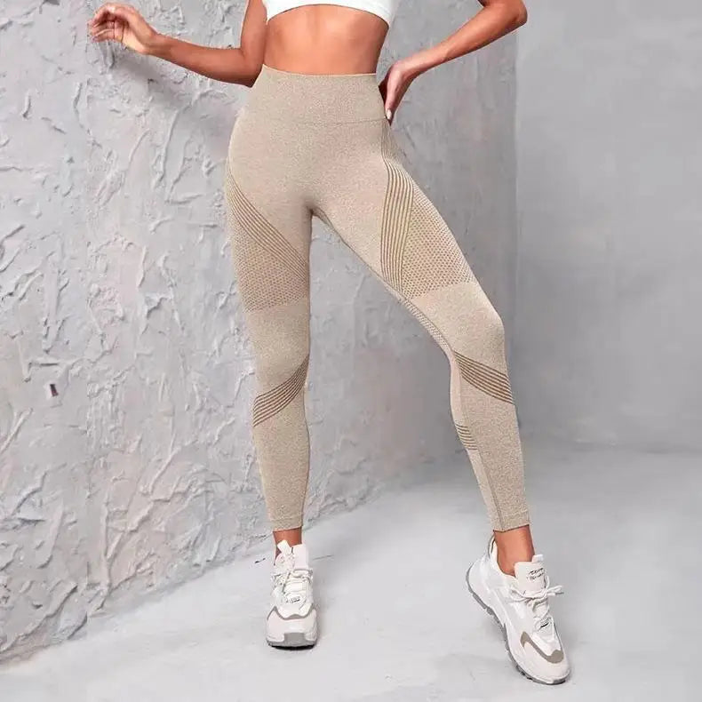 Waist Striped Mesh Fitness Outdoor Running Legging Khaki / S