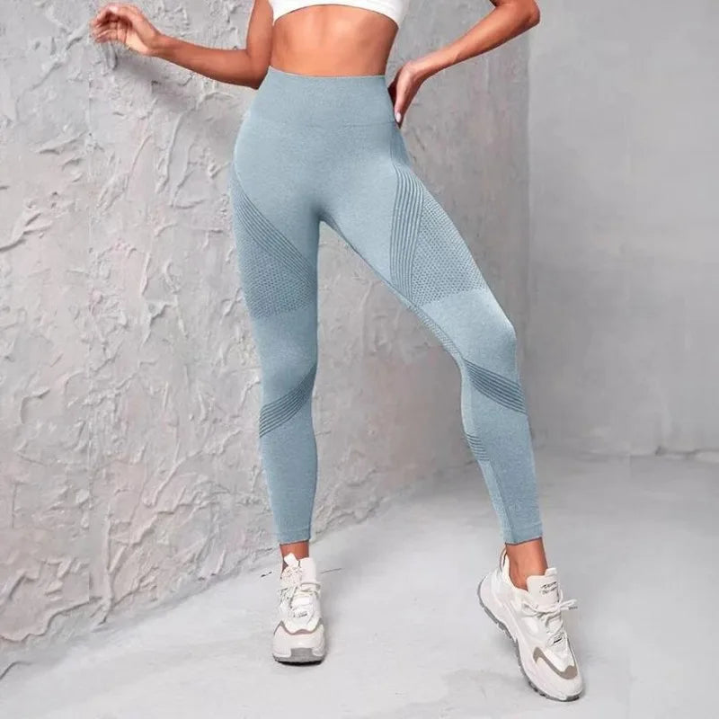 High Waist Seamless Striped Mesh Panel Scrunch Butt Running Leggings 3