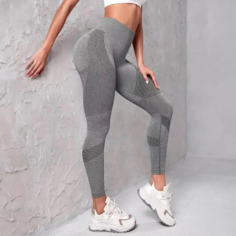 High Waist Seamless Striped Mesh Panel Scrunch Butt Running Leggings 8