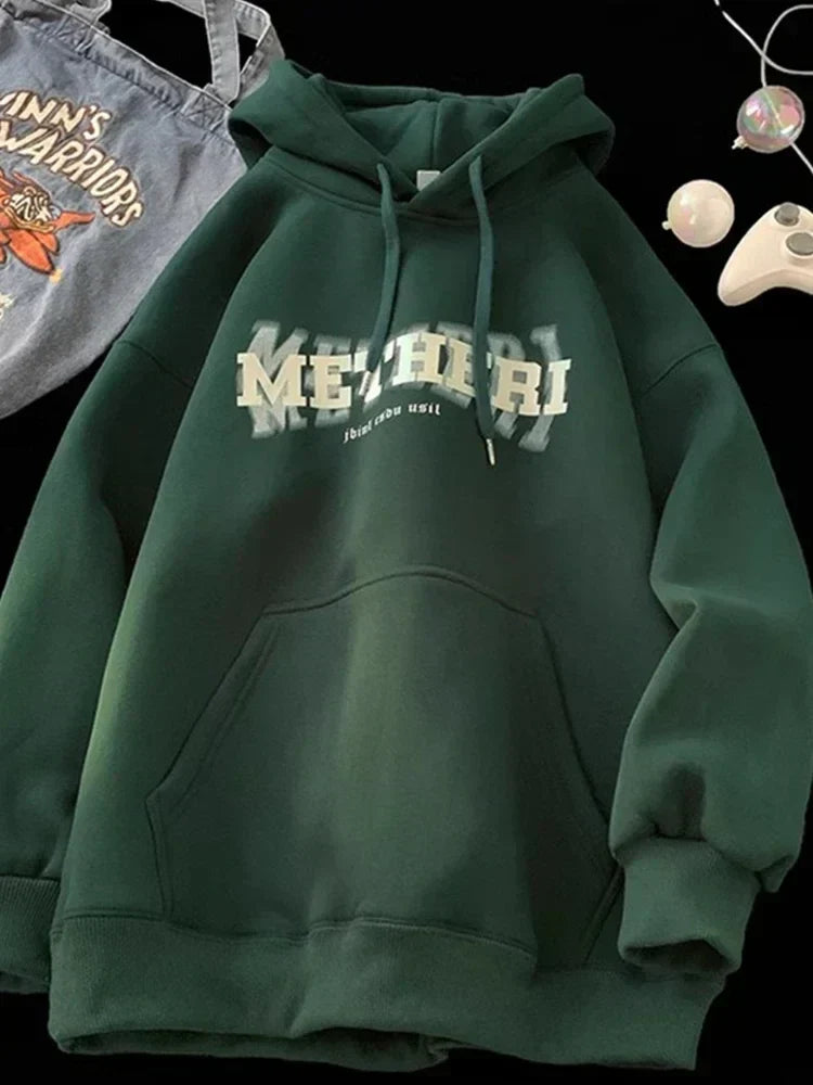 Hip Hop Letter Print Cotton Fleece Hoodie Green / M(40-45KG)