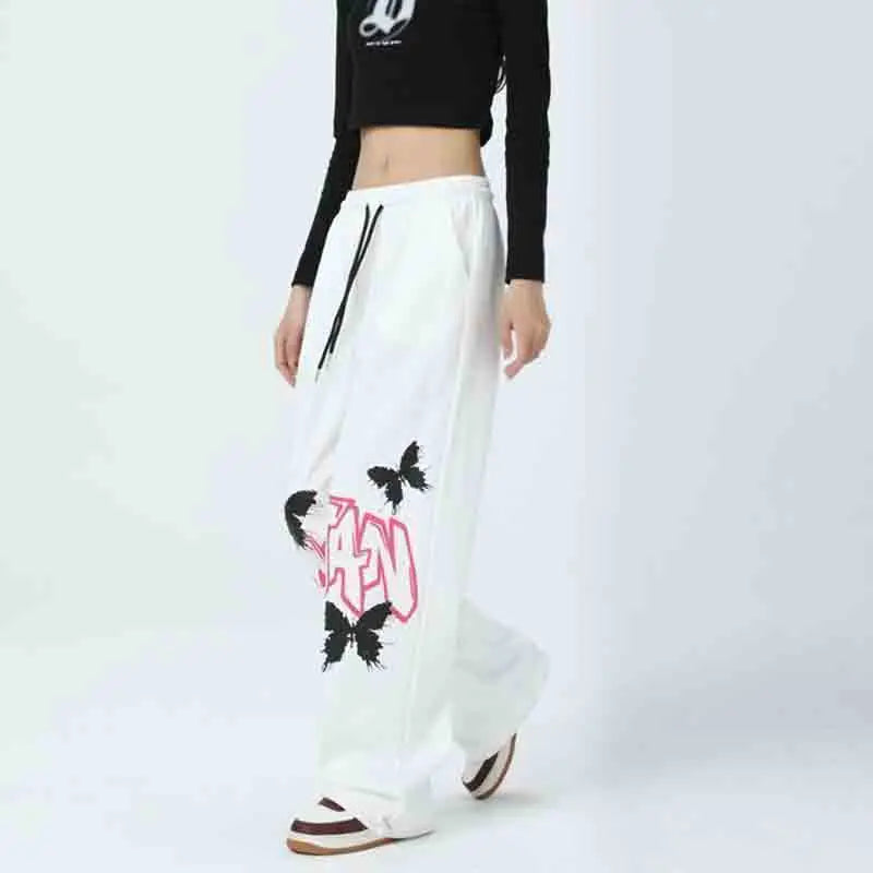 Graffiti Letter Butterfly Print Drawstring Wide Leg Sweatpants 6