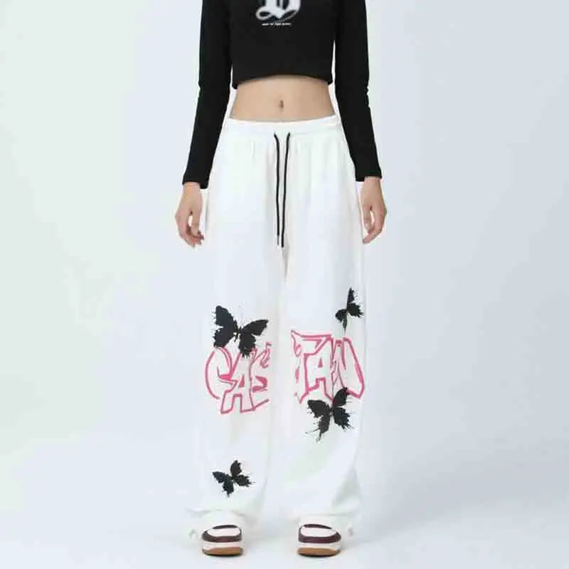 Graffiti Letter Butterfly Print Drawstring Wide Leg Sweatpants 4