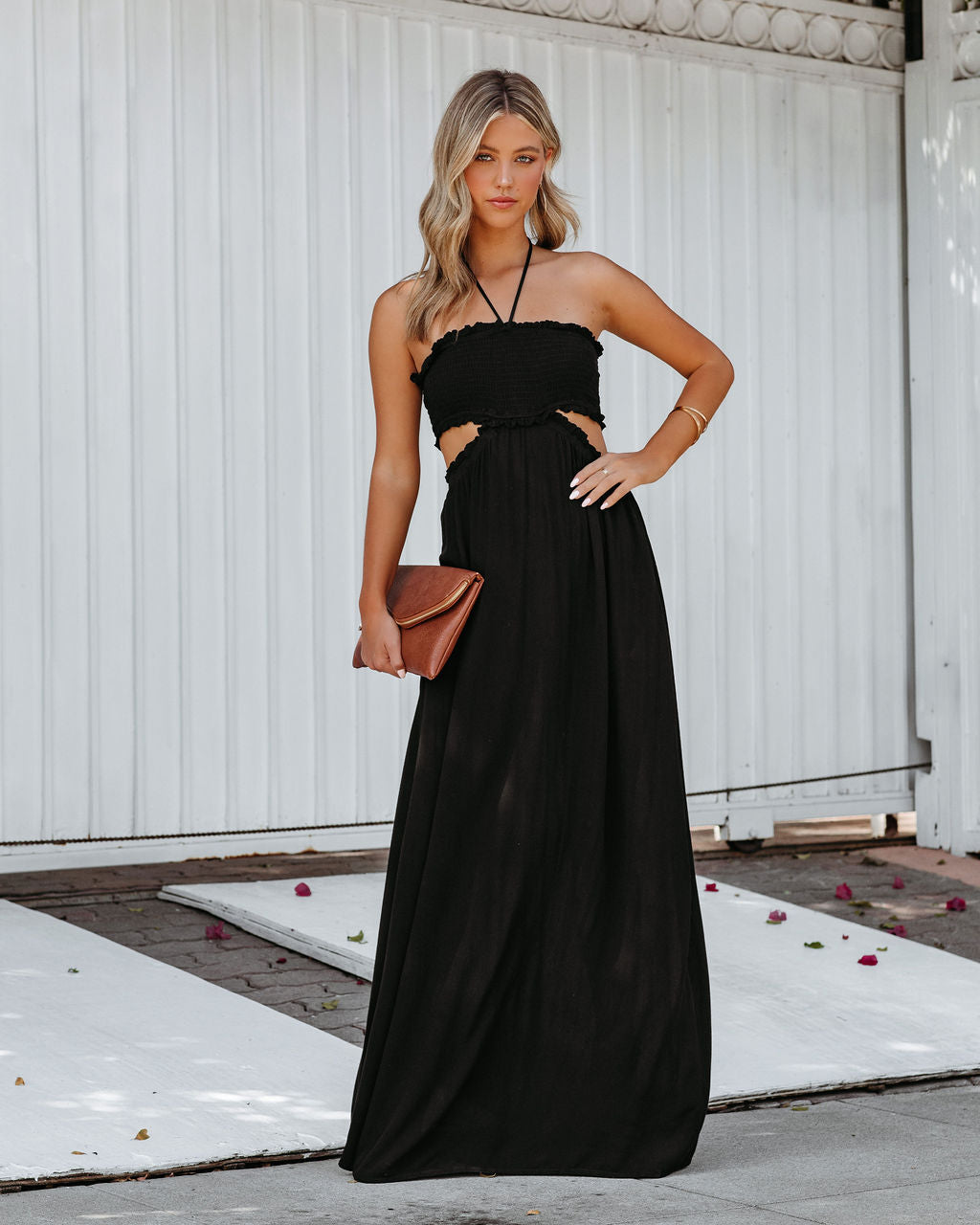 Hit The Beach Smocked Halter Maxi Dress Black