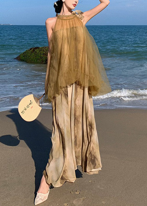 Halter Neck Sleeveless Tulle Tie Dye Layered Maxi Dress