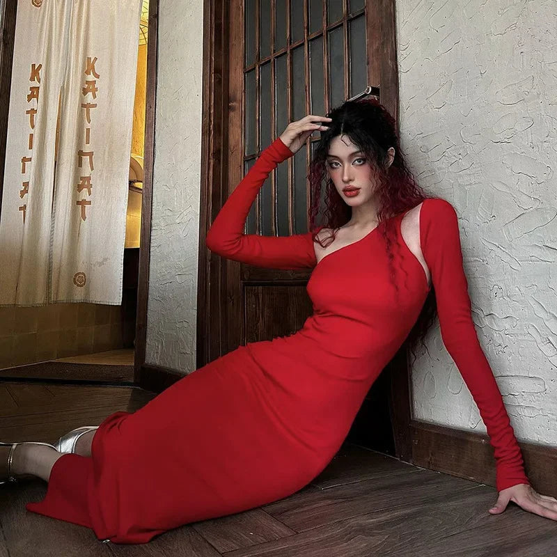 Asymmetric Neck Cut Out Shoulder Long Sleeve Bodycon Maxi Dress 6