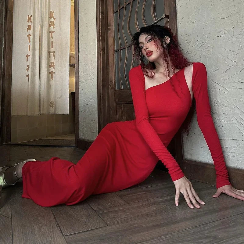 Asymmetric Neck Cut Out Shoulder Long Sleeve Bodycon Maxi Dress 5