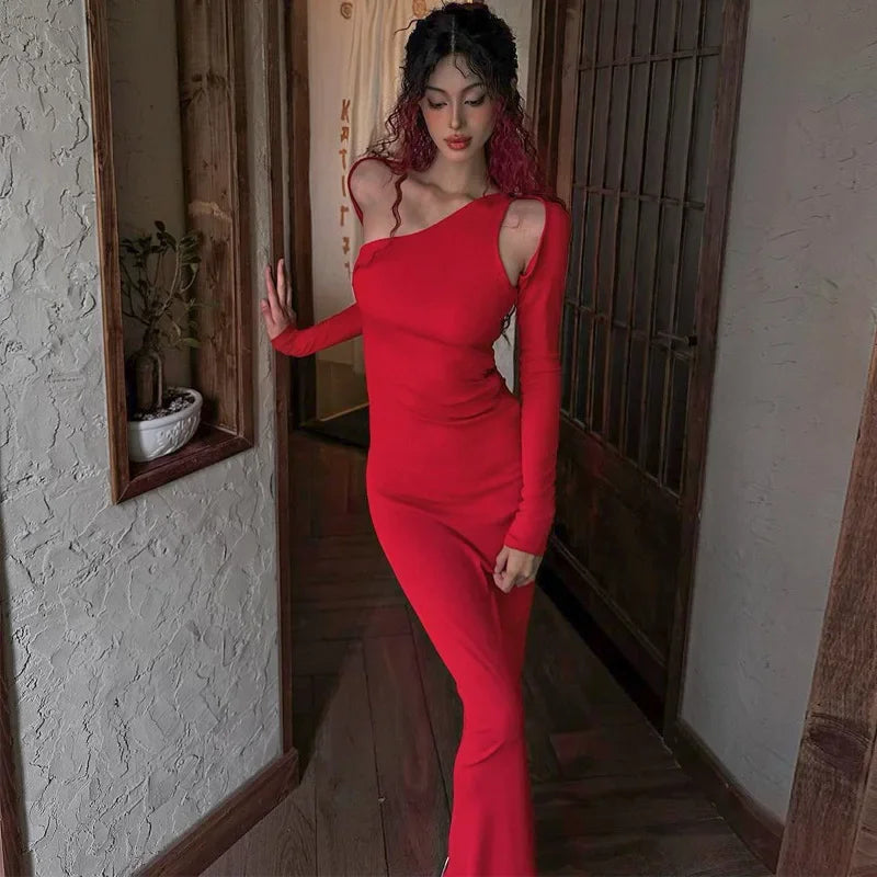 Asymmetric Neck Cut Out Shoulder Long Sleeve Bodycon Maxi Dress 2