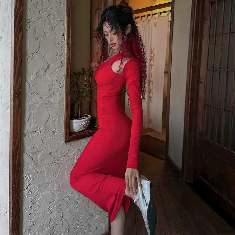 Asymmetric Neck Cut Out Shoulder Long Sleeve Bodycon Maxi Dress 3