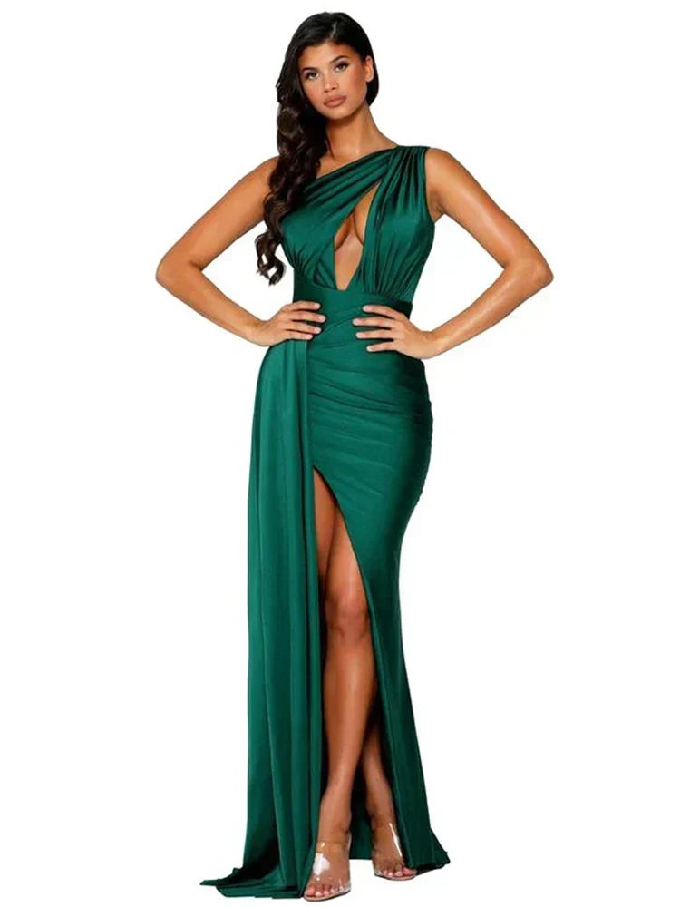 Satin One Shoulder Keyhole Ruched High Split Draped Train Gown 4