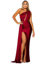 One-Shoulder Satin Hollow Out Party Dress Burgundy / Xs Partydress-241208