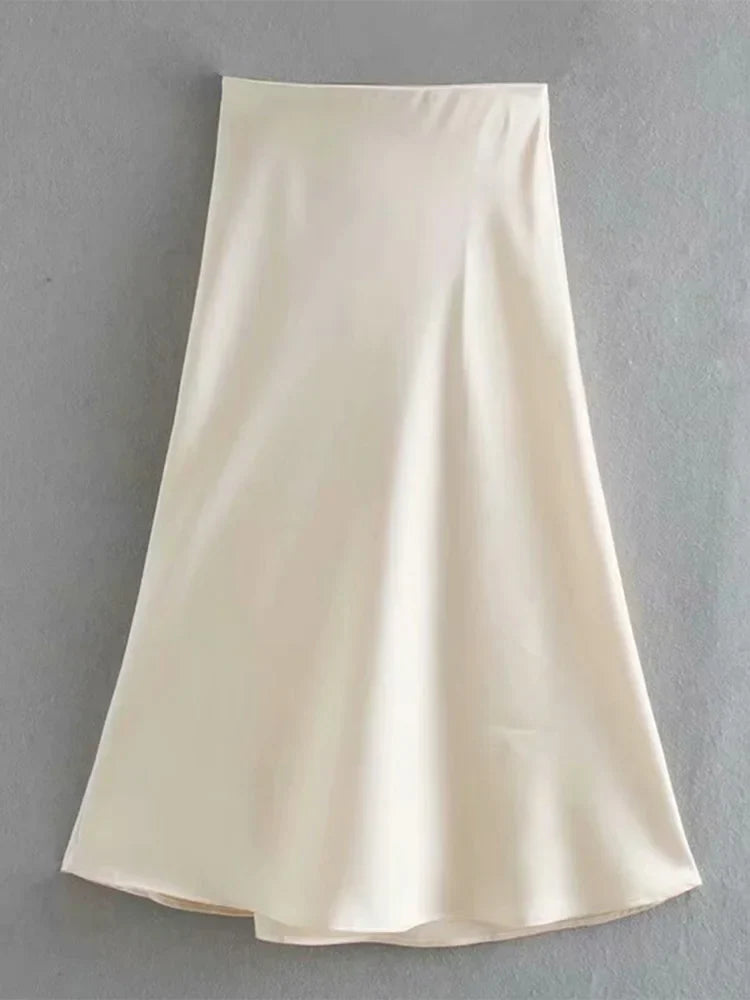 Solid Satin Elastic Waist Summer Slim ALine Skirt