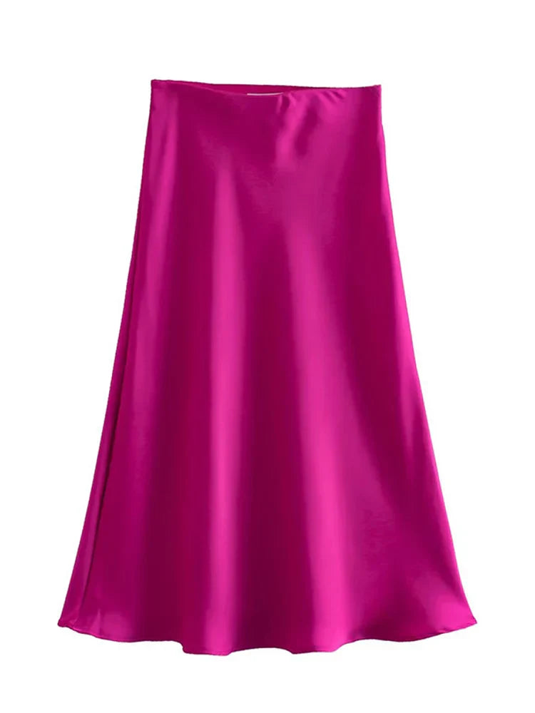 Solid Satin Elastic Waist Summer Slim ALine Skirt