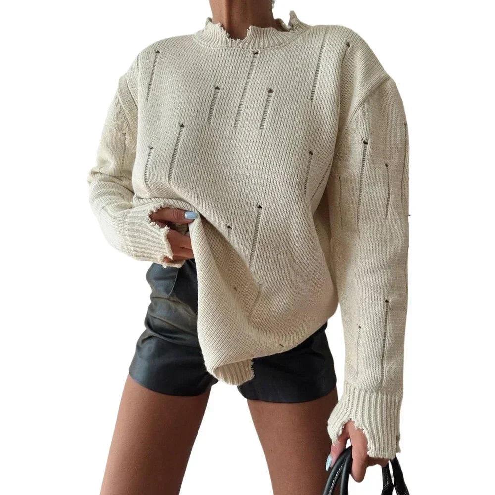 Crew Neck Ripped Distressed Ribbed Knit Oversized Longline Sweater 6